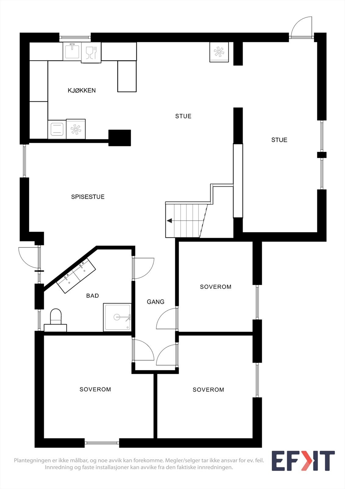 Hovedetasjen har en praktisk planløsning med de fleste rommene på en flate. Galleribilde