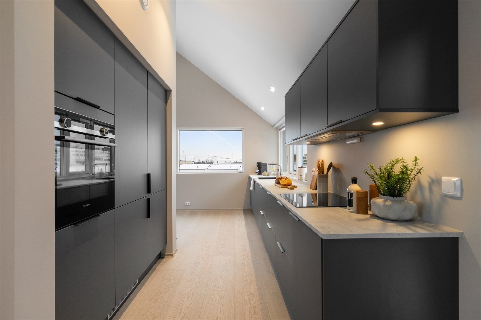 Integrerte hvitevarer medfølger i handelen, dette inkluderer stekeovn, platetopp, kombiskap og oppvaskmaskin. Galleribilde