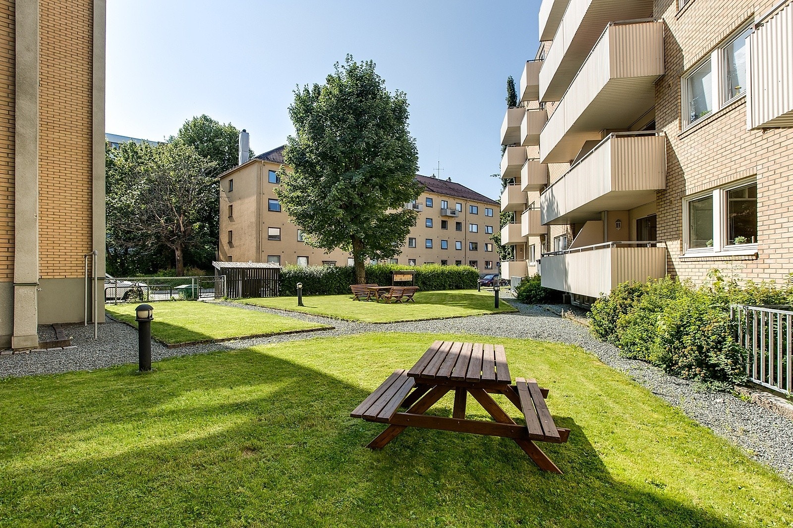 Sommerbilde av borettslagets hyggelige og frodige bakgård. Galleribilde