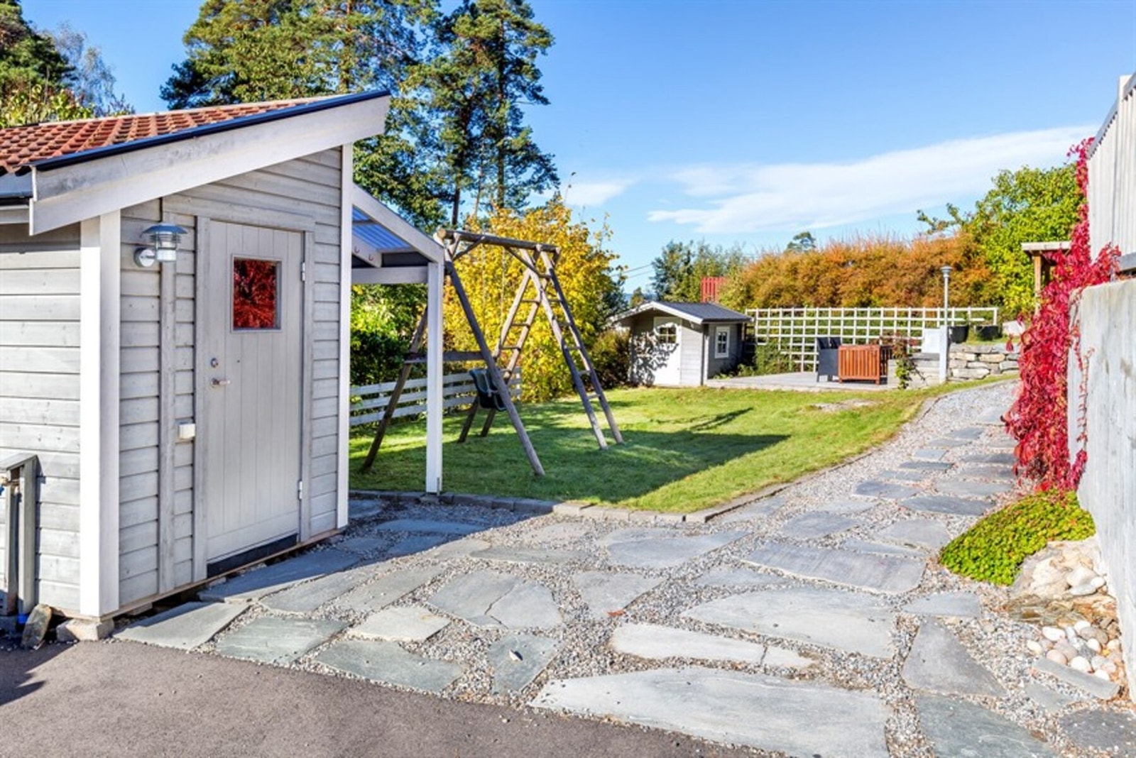 Sommerbilde fra boligen ble kjøpt i 2019 (NB. Omgivelsene kan avvike noe med dagens sitiuasjon). Galleribilde