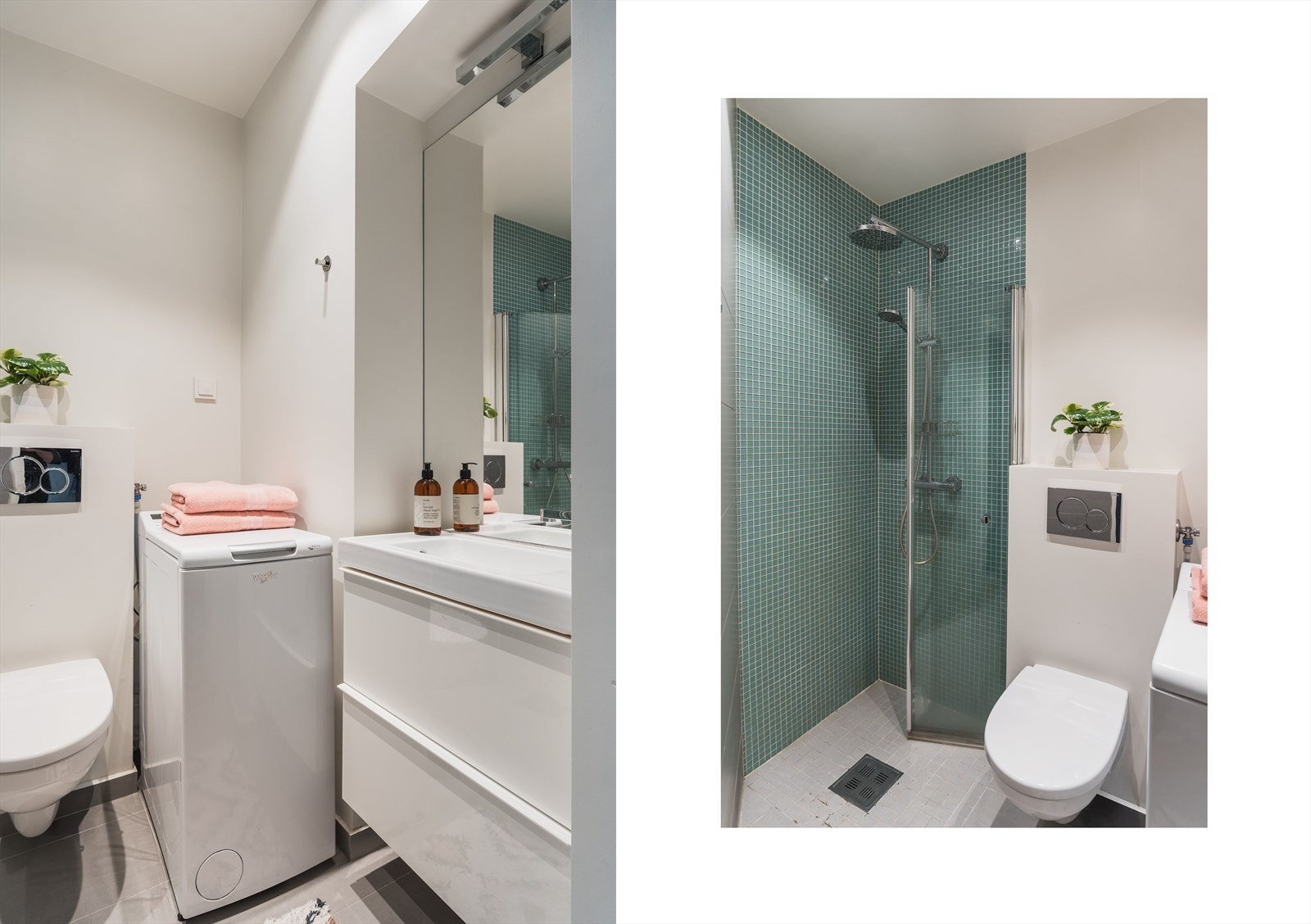 Bad med flislagt dusjsone, vegghengt toalett og opplegg for vaskemaskin Galleribilde