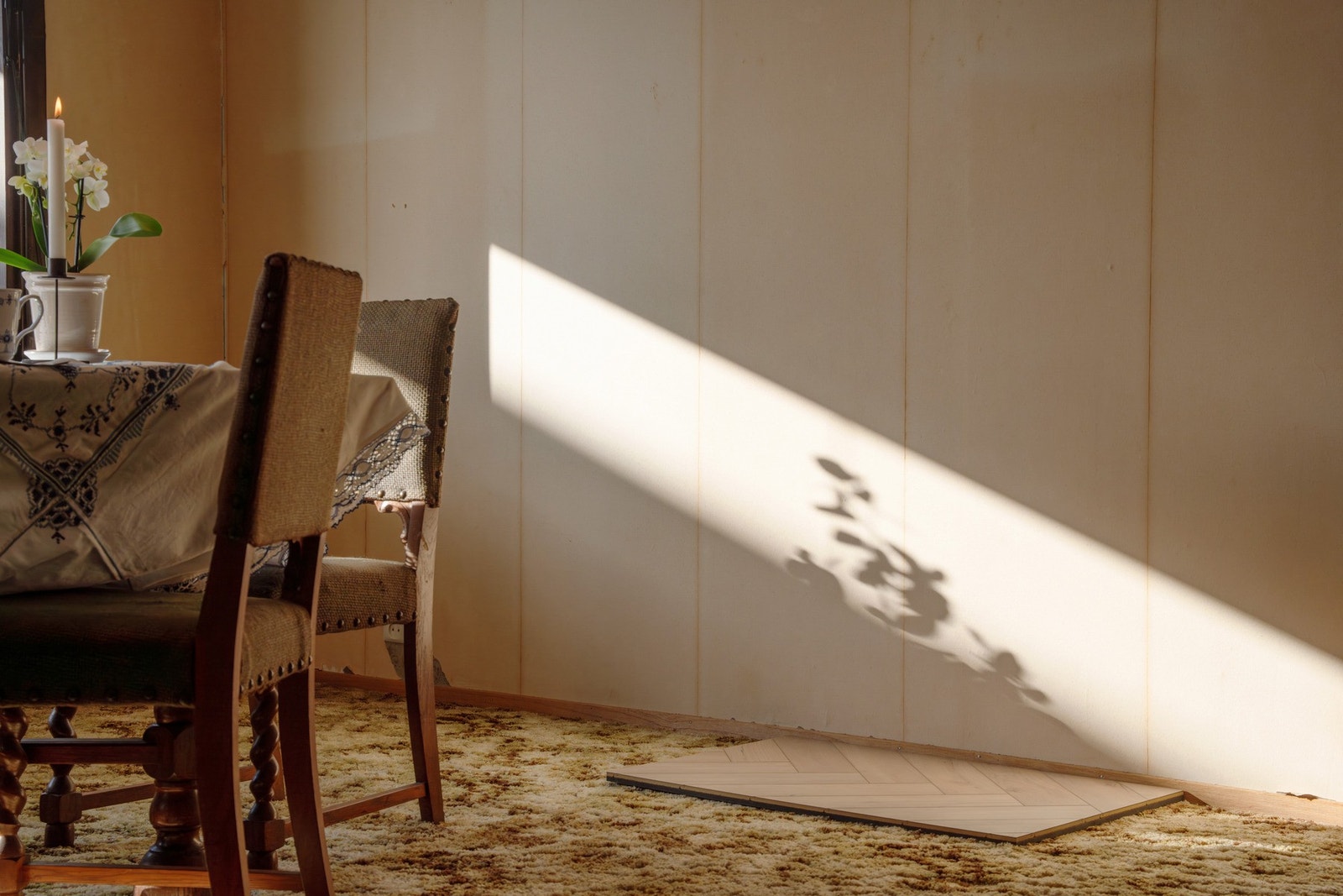 Sollyset slipper seg inn i stuen og skaper et fint spill i rommet Galleribilde