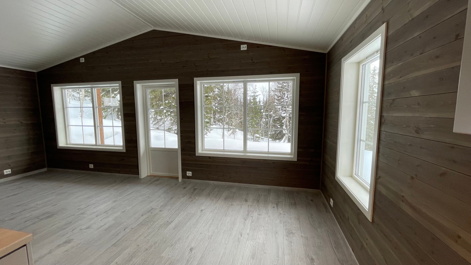 Lys og åpen stue med direkte utgang til overbygd terrasse Galleribilde