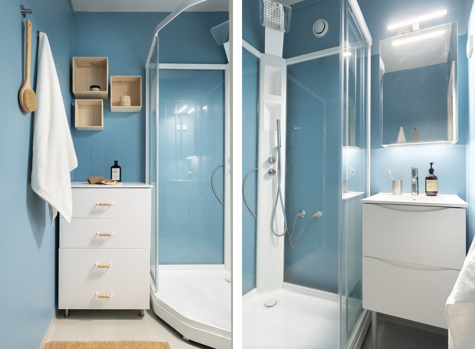 Det er innredet med dusjkabinett og baderomsmøblement med speil og belysning, som forøvrig er nytt møblement i 2024. Galleribilde