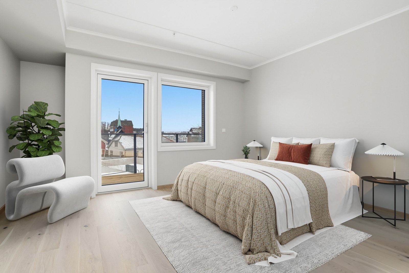 Flott hovedsoverom med meget god plass til seng og møblering (digital styling) Galleribilde