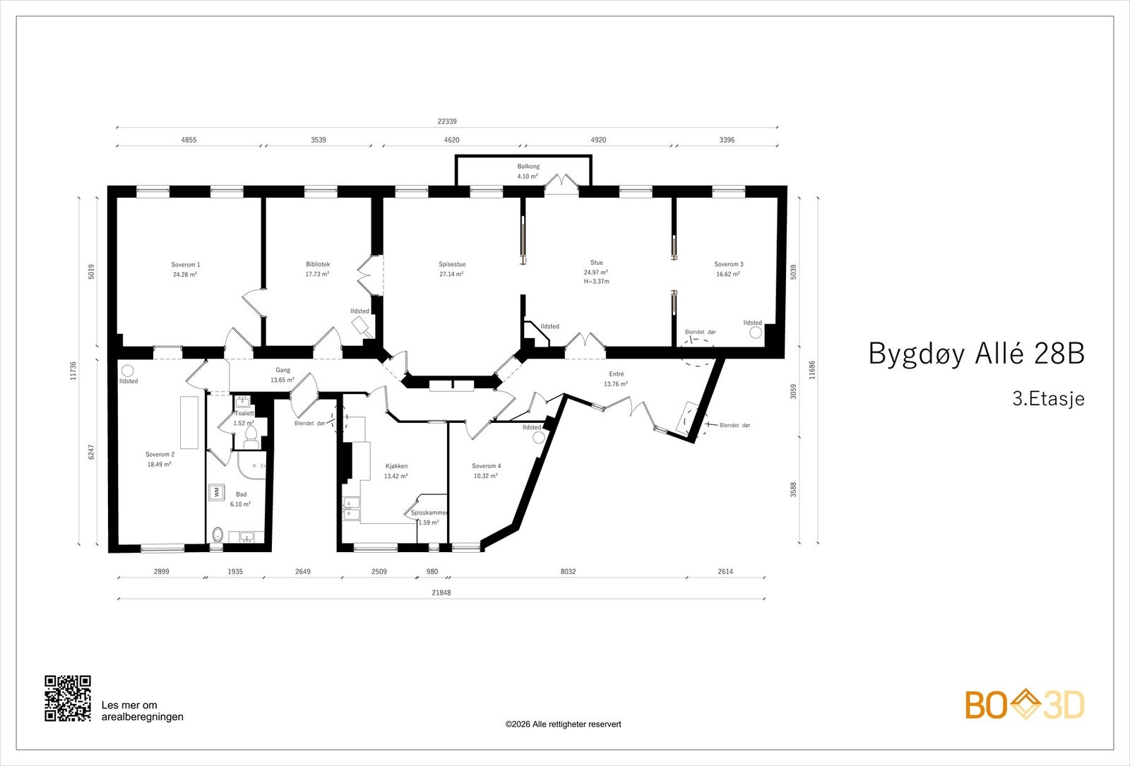 Plantegning. Leiligheten ligger i byggets 3. etasje med heis Galleribilde