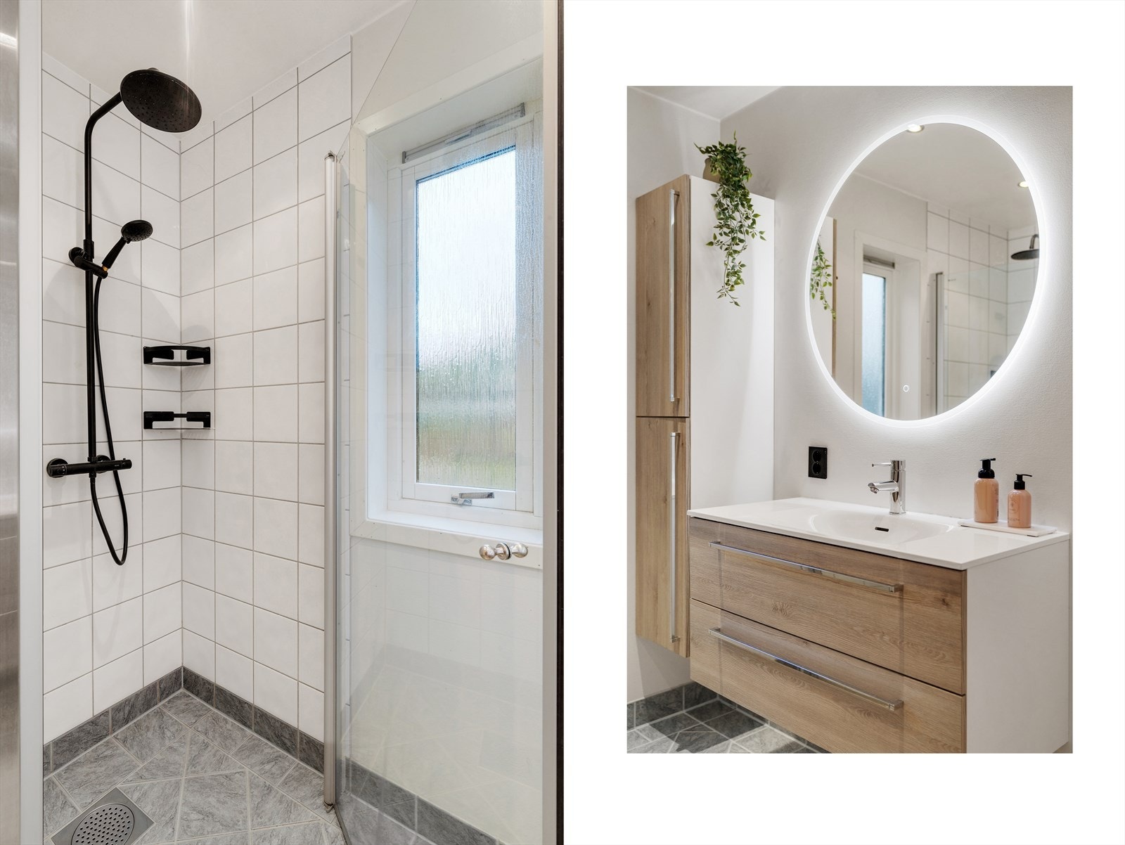 - Helfliset baderom med regnfallsdusj og speil med integrert belysning - Galleribilde