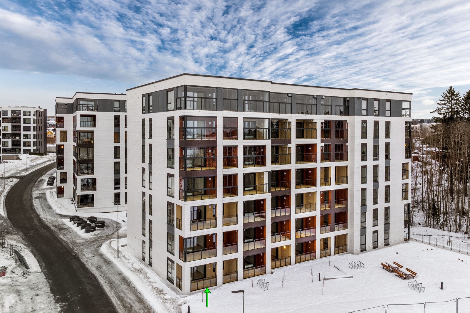 Bygg M består av 63 boligenheter, nyoppført i 2026. Galleribilde