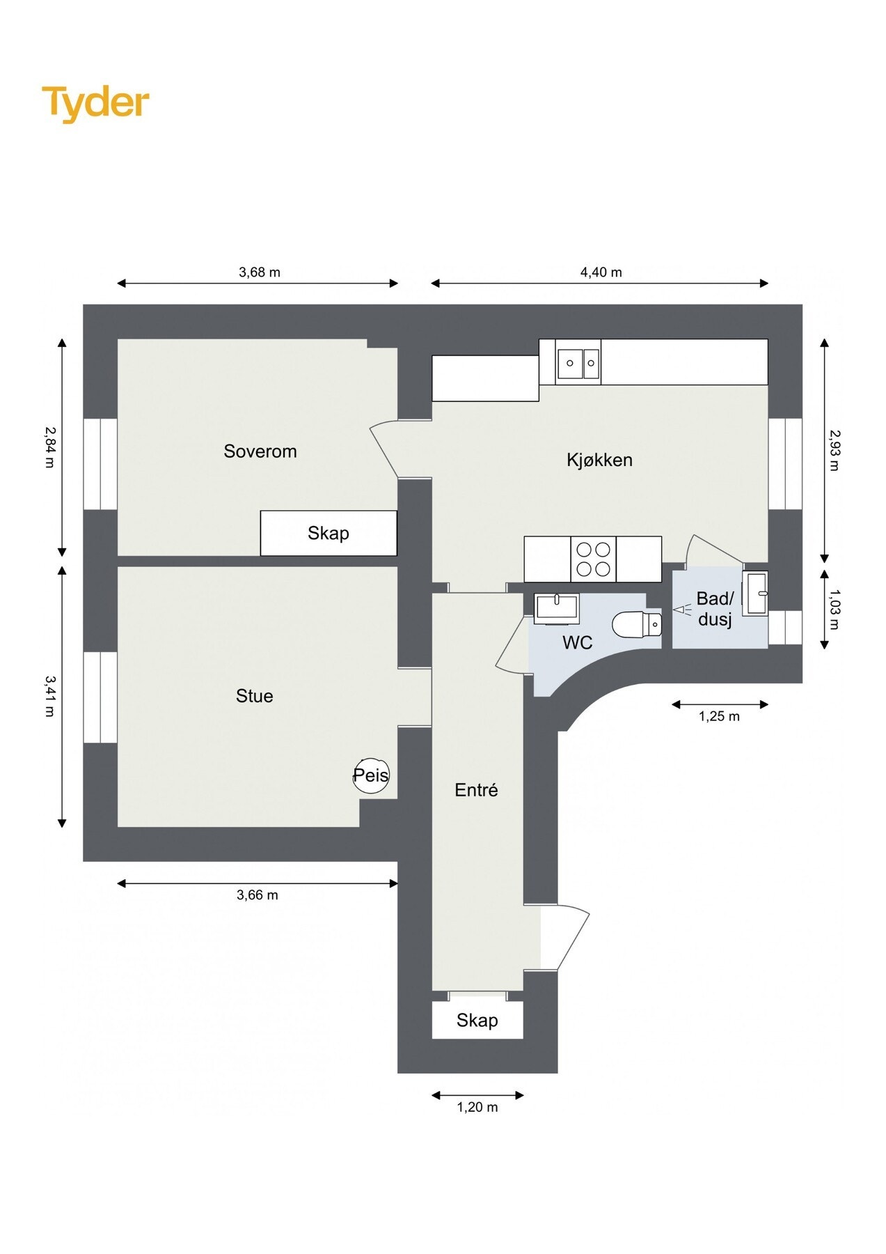 Plantegning. I tillegg disponerer leiligheten to boder, en kjellerbod på ca. 7m² og en loftsbod på ca. 2m². Galleribilde