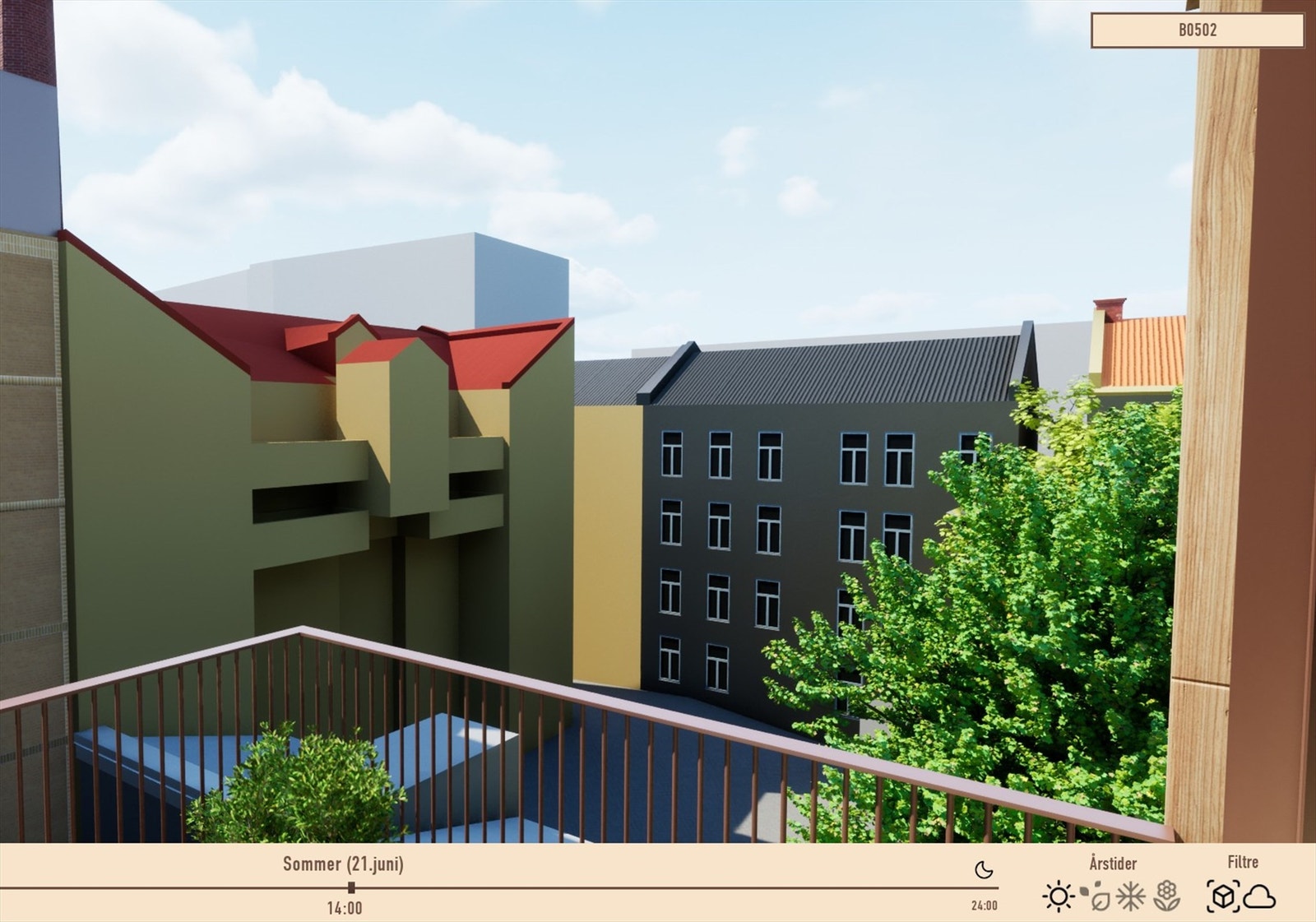 Illustrasjon | Det er svært gode solforhold midtsommers, med sol fra rundt kl.10:30 til kl. 21:00. Hentet fra utbyggers simulator. Avvik kan forekomme. Galleribilde