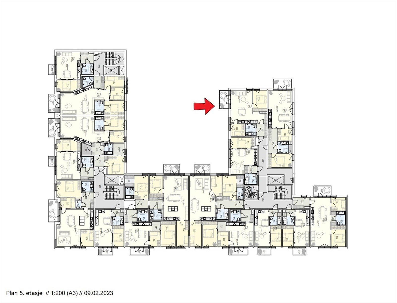 Etasjeplan med markering av leilighetens beliggenhet. Galleribilde