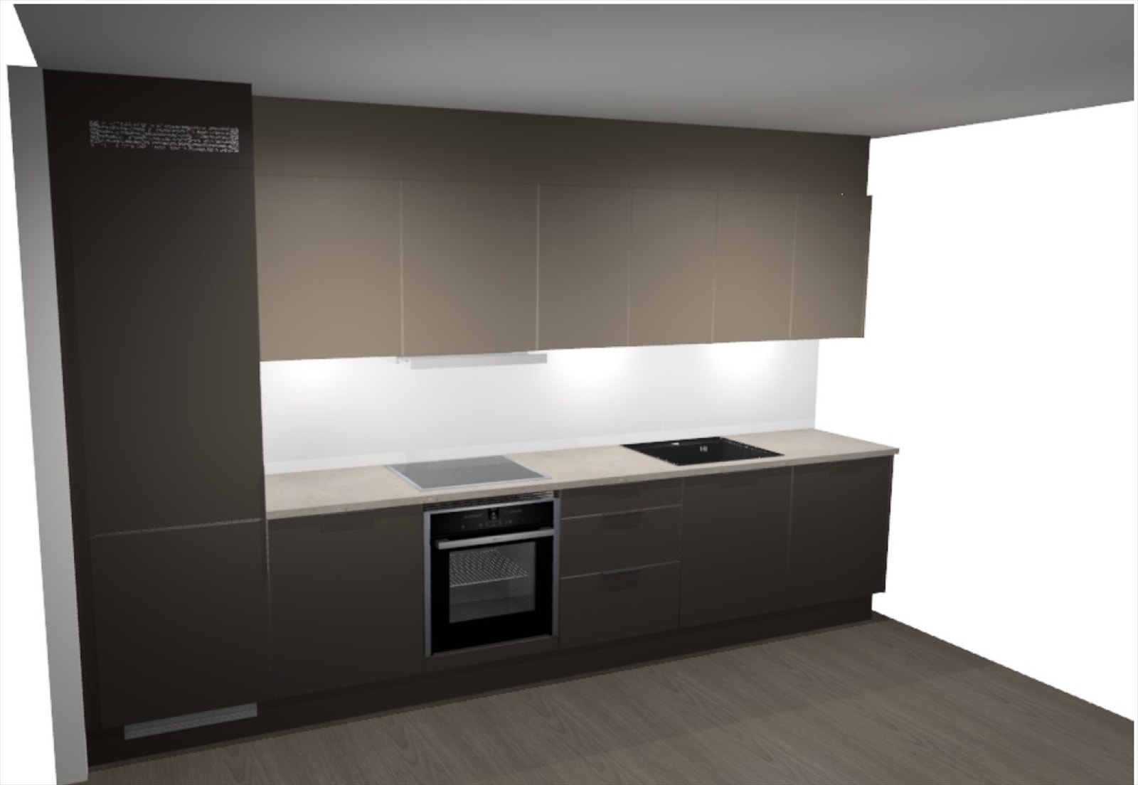 Illustrasjon kjøkken fra HTH i denne leiligheten| Modell ZP Focus i Mokka/Leir. Det leveres integrerte hvitevarer fra Electrolux. Avvik kan forekomme. Galleribilde