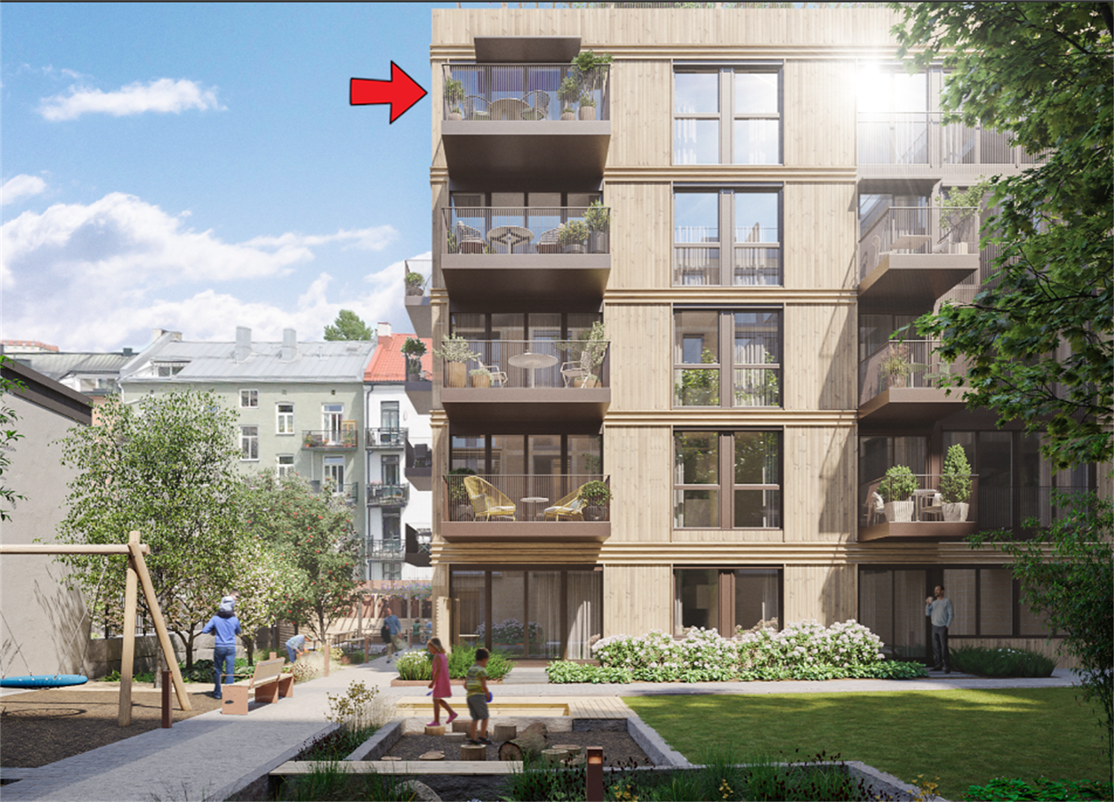 Illustrasjon av fasade | Markering av leilighetens beliggenhet. Avvik kan forekomme. Galleribilde