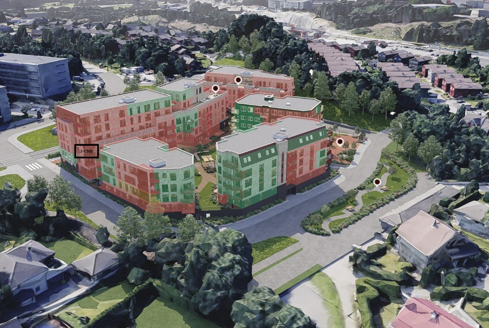 - Boligen ligger tilbaketrukket fra bybanesporet, med utsikt mot villabebyggelsen i øst - Galleribilde