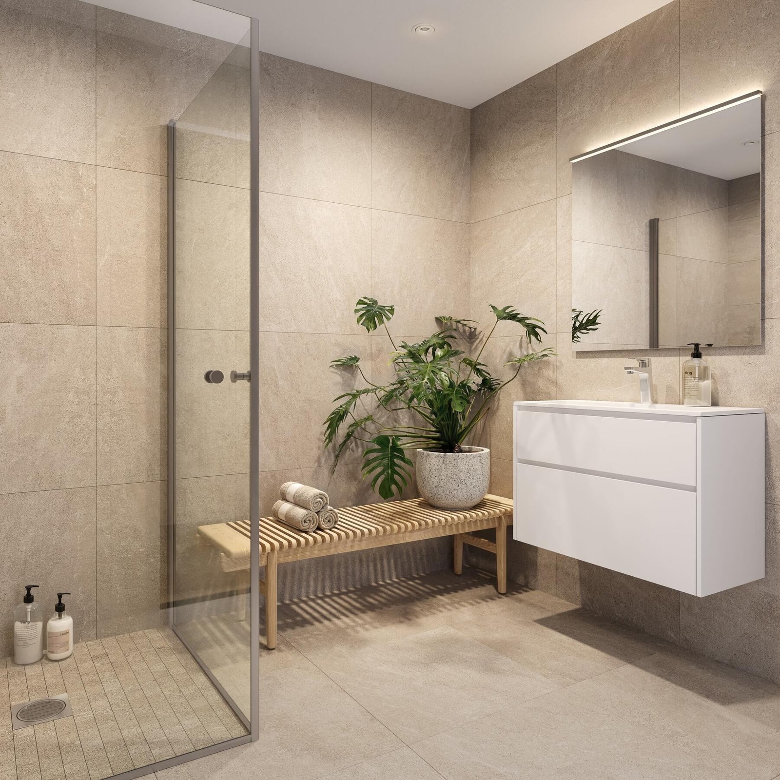 - Badet leveres med Marazzi Factor Grigio-fliser i størrelsen 30x60. Dusjsonen er nedsenket og belagt med 5x5 mosaikkfliser for et stilrent og moderne uttrykk - (Merk! Bilde er ikke av denne bolig) Galleribilde