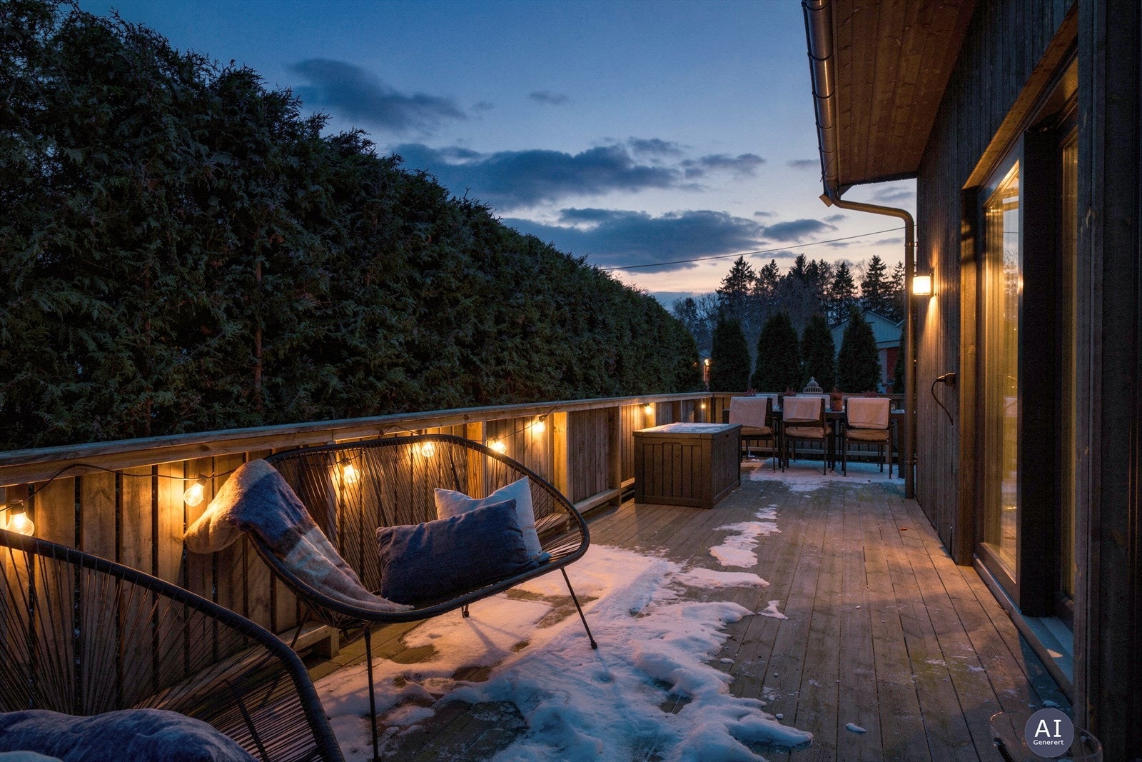 Den store verandaen på 47 m² er oppført i impregnerte materialer. Galleribilde