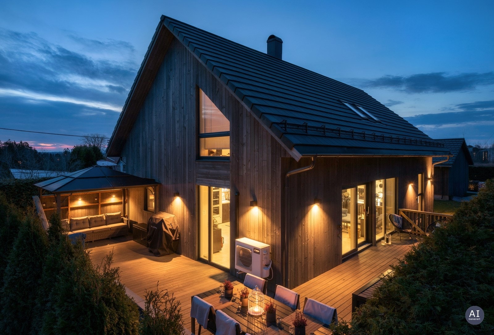 En moderne enebolig fra 2020 med stående bordkledning og en stor, usjenert uteplass. Galleribilde