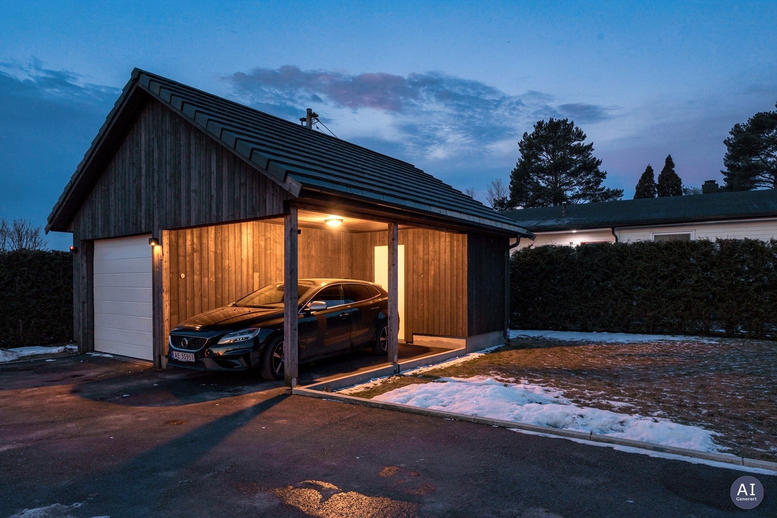 Garasjen på 23 m² har flislagt, støpt gulv og saltak med betongstein. Galleribilde