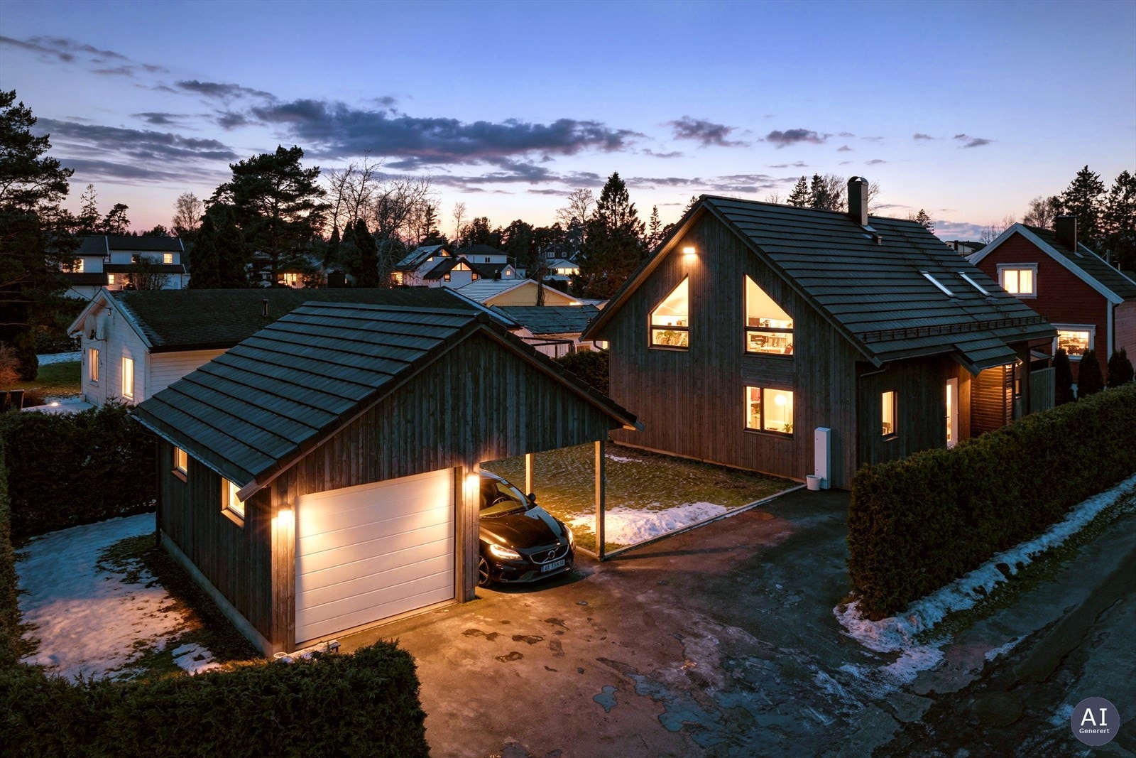 Eiendommen har en asfaltert gårdsplass og en frittstående garasje med tilhørende carport. Galleribilde