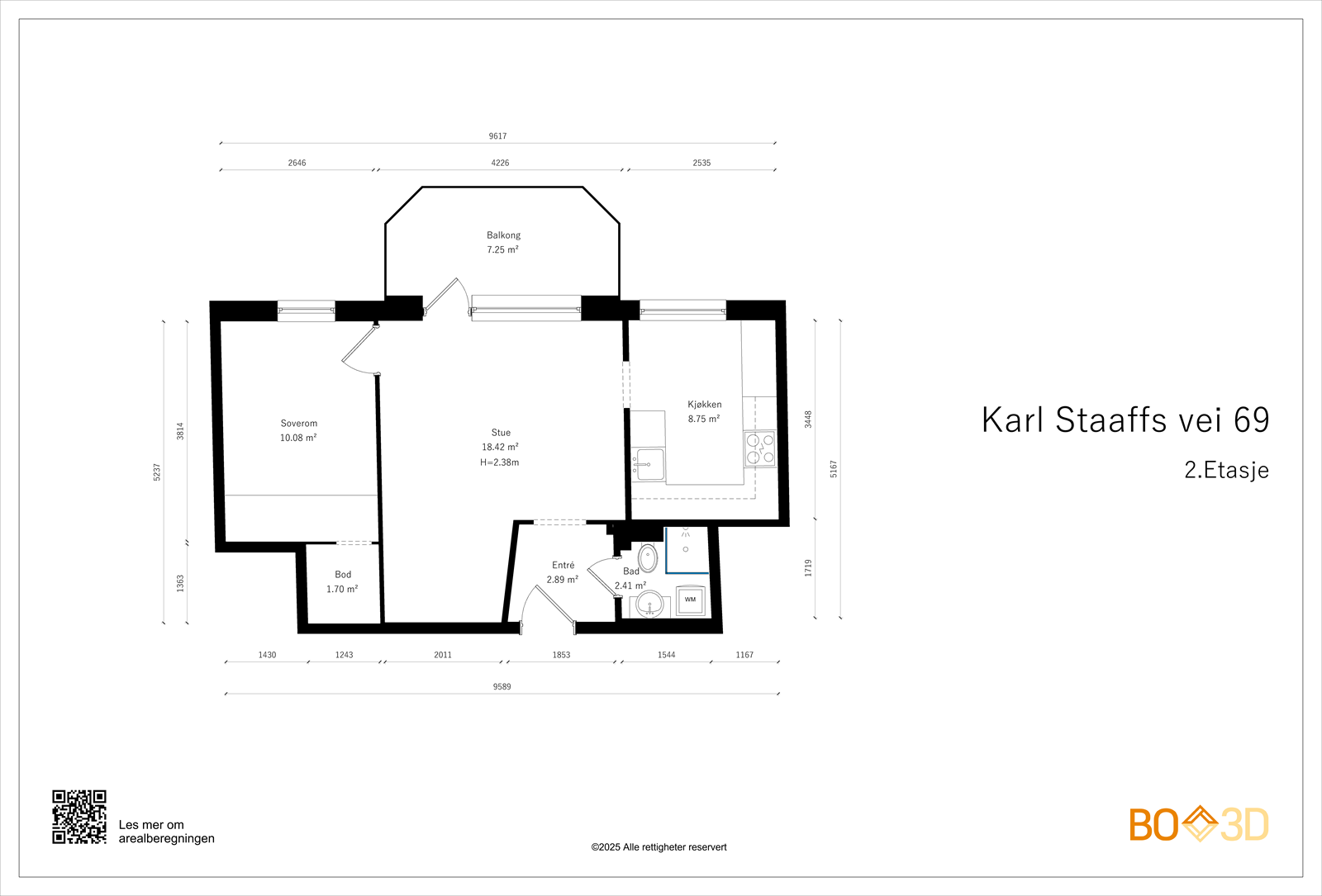 Leiligheten har en arealeffektiv planløsning på 46 m² med separat kjøkken, stue, soverom og bad. Galleribilde