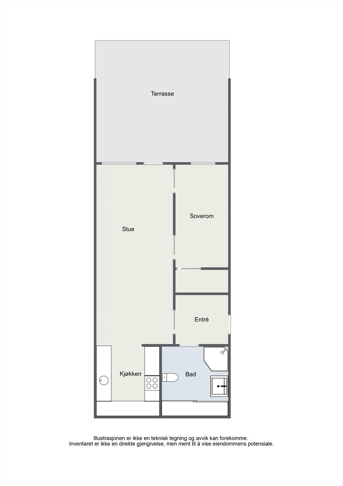 Leiligheten har en arealeffektiv planløsning med entré, bad, soverom og åpen stue-kjøkkenløsning. Galleribilde