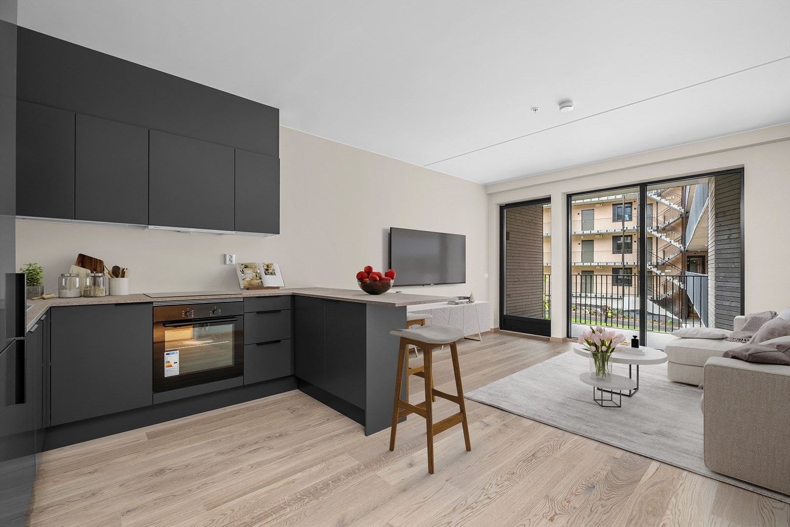 Velkommen til Frostaveien 3A! En splitter ny 3-roms leilighet i det etterspurte boligprosjektet Basseløkka på Buran. (Digital møblering). Galleribilde