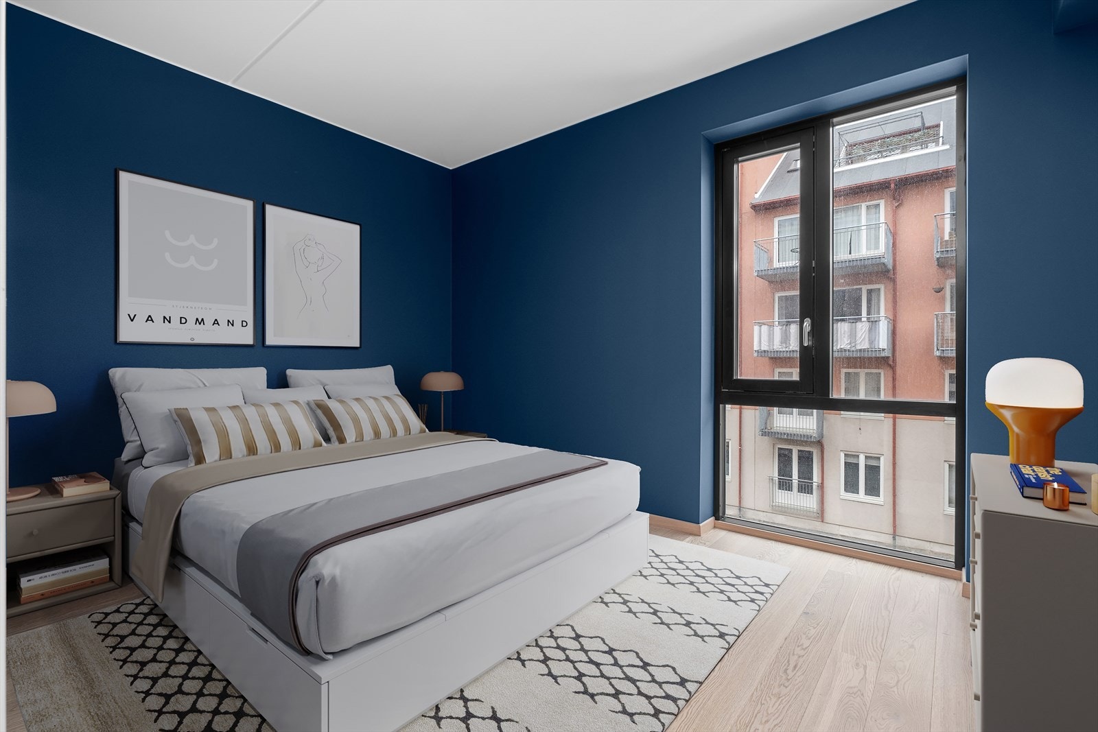 Soverommet måler 11,5m² og, har godt med plass til både dobbeltseng, skrivebord og skyvedørsgarderobe. (Digital møblering). Galleribilde