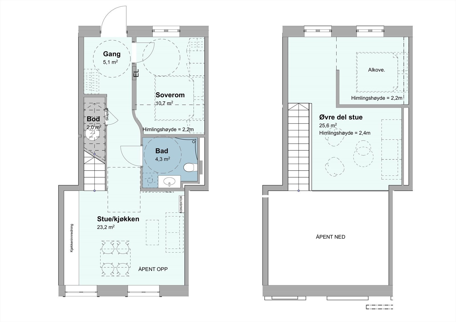 Plantegning: Hovedetasje og øvre plan. Galleribilde