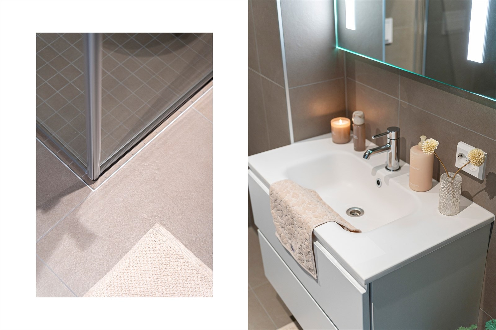 Badet inneholder dusjhjørne med glassvegger, veggmontert toalett, speil og baderomsmøbel med heldekkende servant. Galleribilde