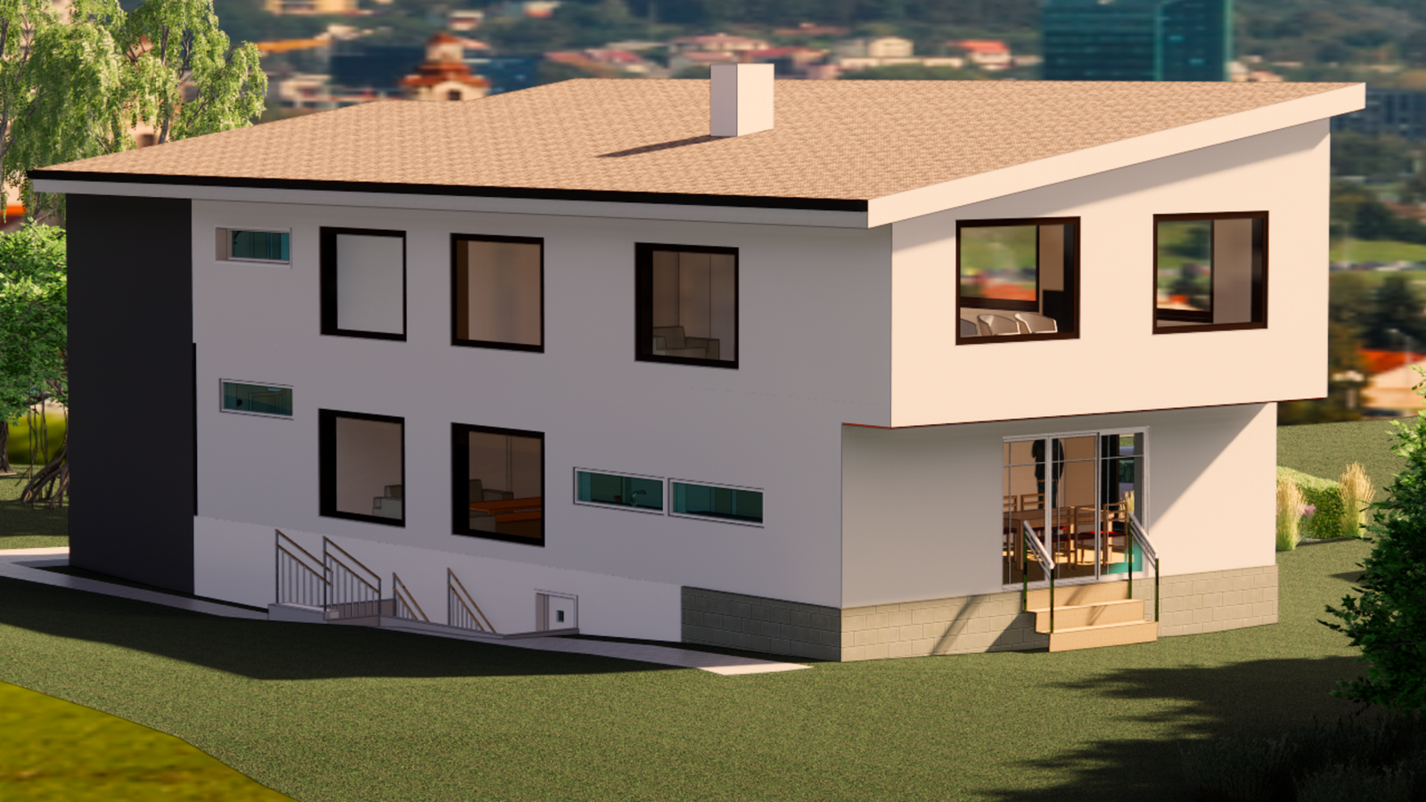 Illustrasjonen er en visualisering av tiltak det er gitt ramme- og igangsettingstillatelse for. Eiendommen selges som boligtomt med påstående bygningsmasse. Tiltaket er ikke ferdigstilt. Endelig utførelse, materialvalg og tekniske løsninger kan avvike. Galleribilde