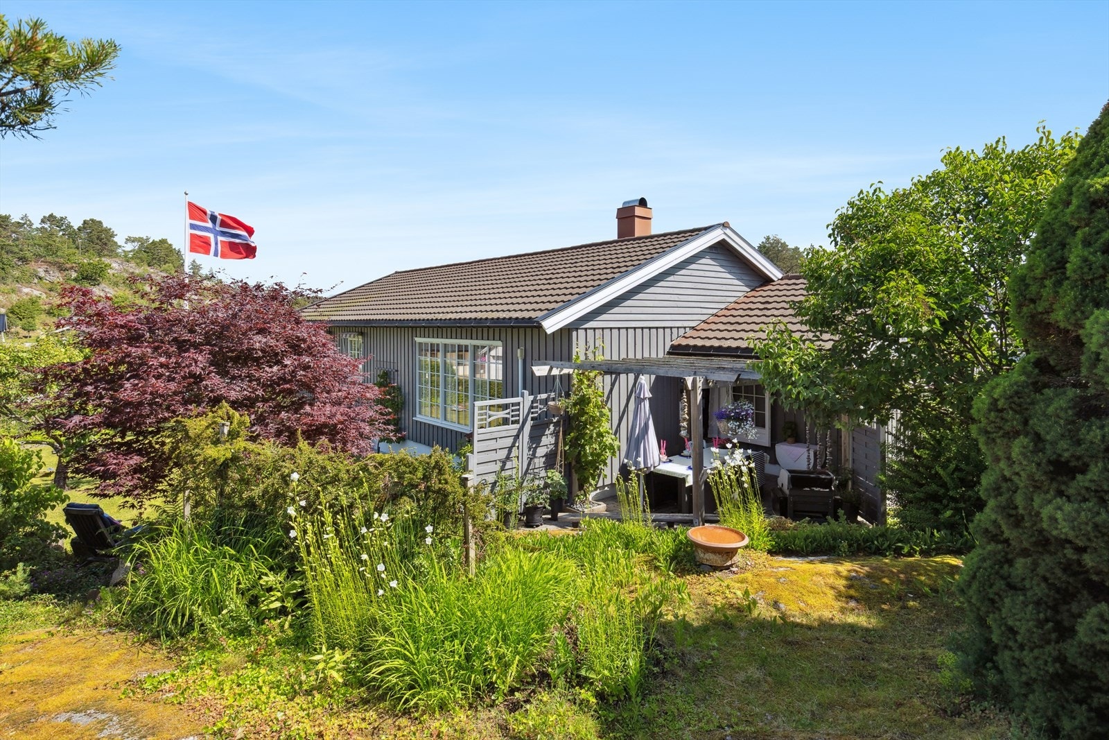 Usjenert uteplass utenfor stuen. Galleribilde