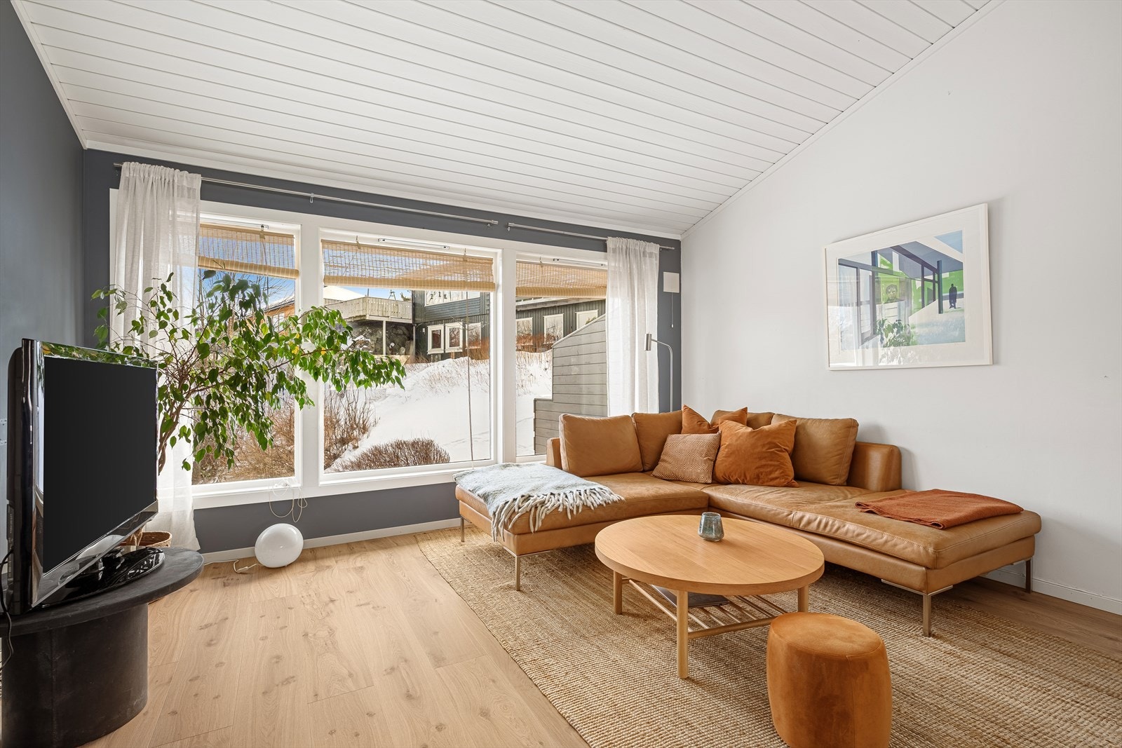 Stuen er romslig med egen sone for sofa- og TV-krok og en naturlig, praktisk sone for spisestue. Galleribilde