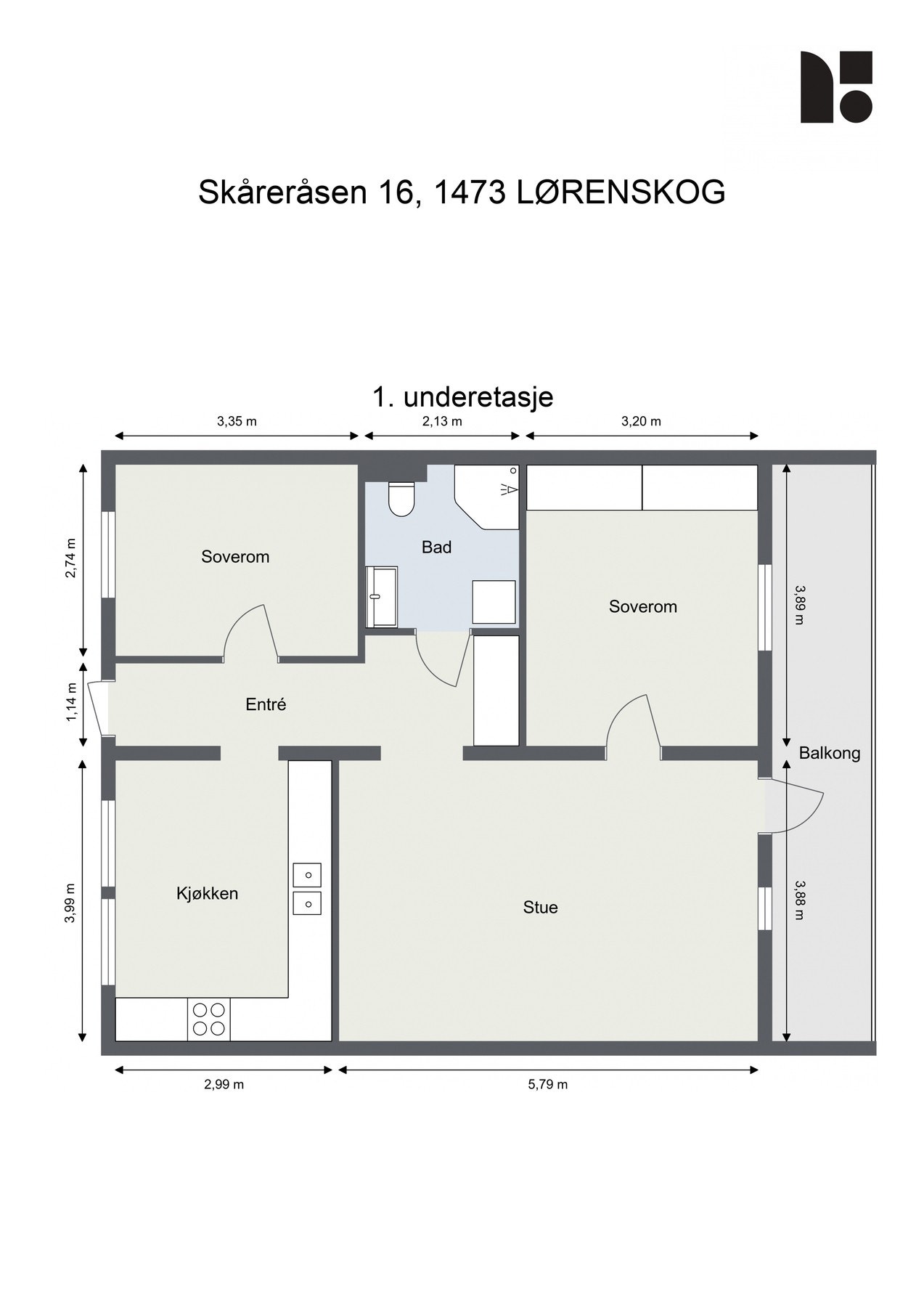 Planløsning består av Entre: To soverom , Stue, Kjøkken, Bad. BRA-i: 73kvm. Galleribilde