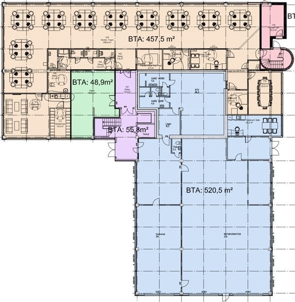 Dagens planløsning av 1. etg/verkstedhall/butikk del. Verksted er utleid pt. Galleribilde