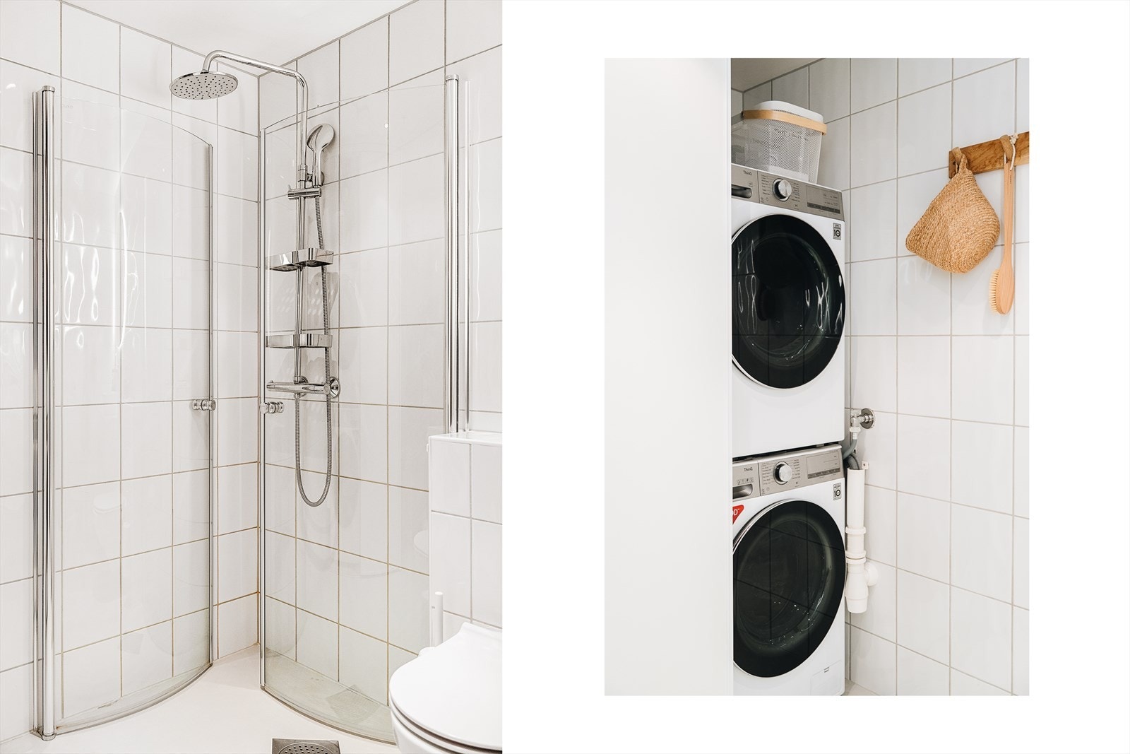 Badet er utstyrt med dusjhjørne, og har opplegg for vaskemaskin i tilpasset skap med skyvedører og oppbevaring fra Elfa. Galleribilde