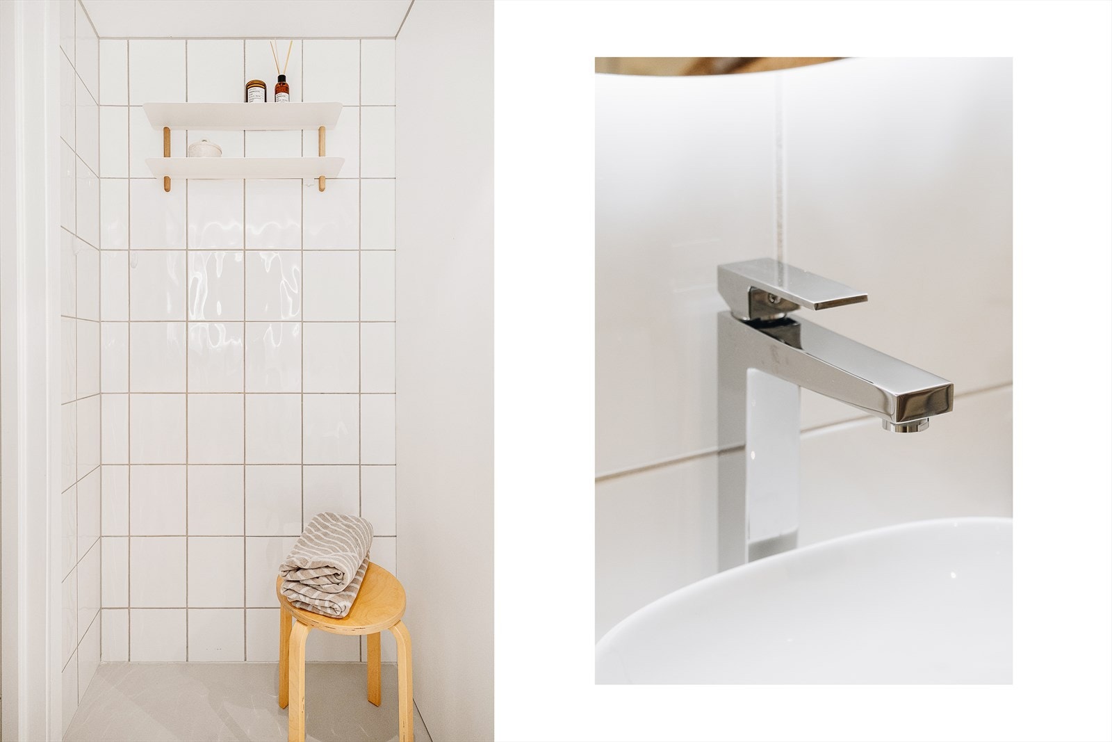 Badet har tidløse, flislagte vegger og moderne baderomsinnredning som ble skiftet ut i 2022. Galleribilde