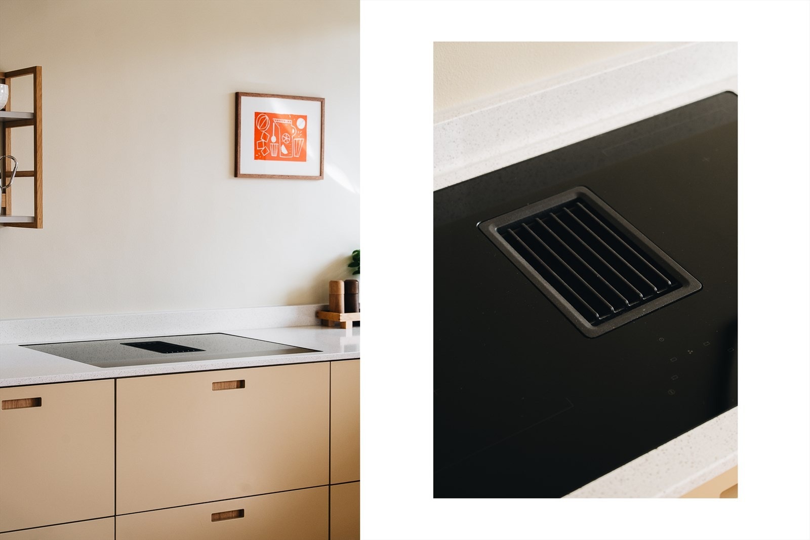 Platetoppen har en praktisk, integrert kullfilterventilator. Kjøkkenet har en slitesterk benkeplate i kompositt. Galleribilde