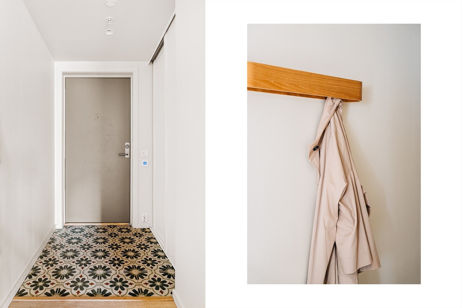 Ved inngangspartiet er det lagt fliser med varmekabler i gulvet i 2022. Skyvedørsgarderobe fra Elfa. Galleribilde