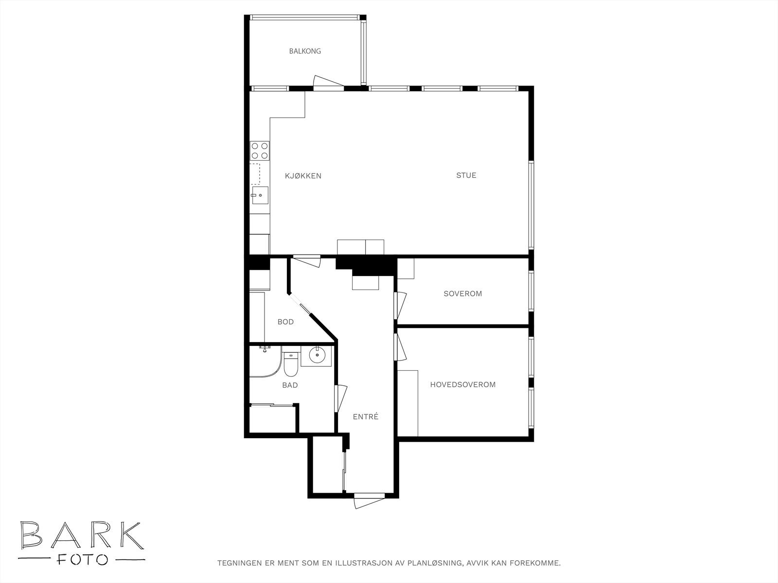 Leiligheten har en arealeffektiv planløsning med to soverom og åpen stue/kjøkken-løsning. Galleribilde