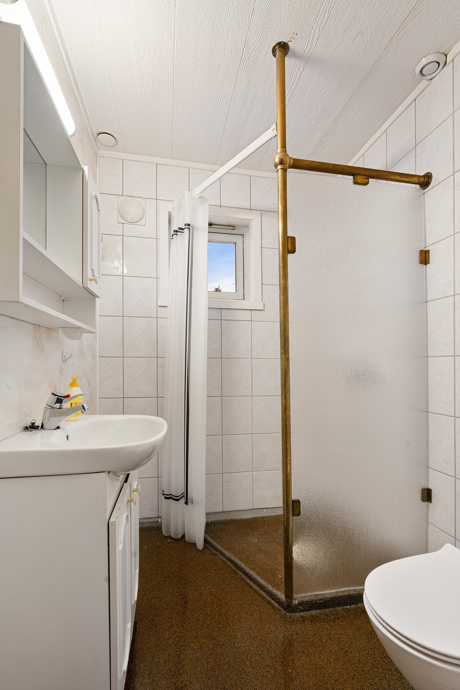 Bad/wc i første plan med wc, baderomsinnredning, speil og dusj