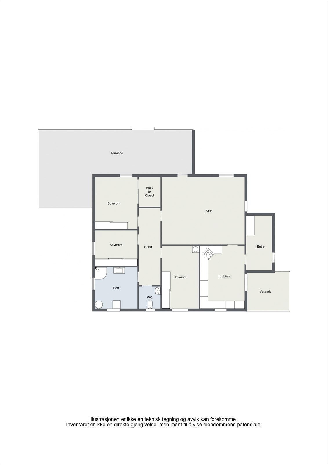 Boligen har en praktisk planløsning over ett plan med entré, stue, kjøkken, tre soverom, bad og toalettrom. Galleribilde