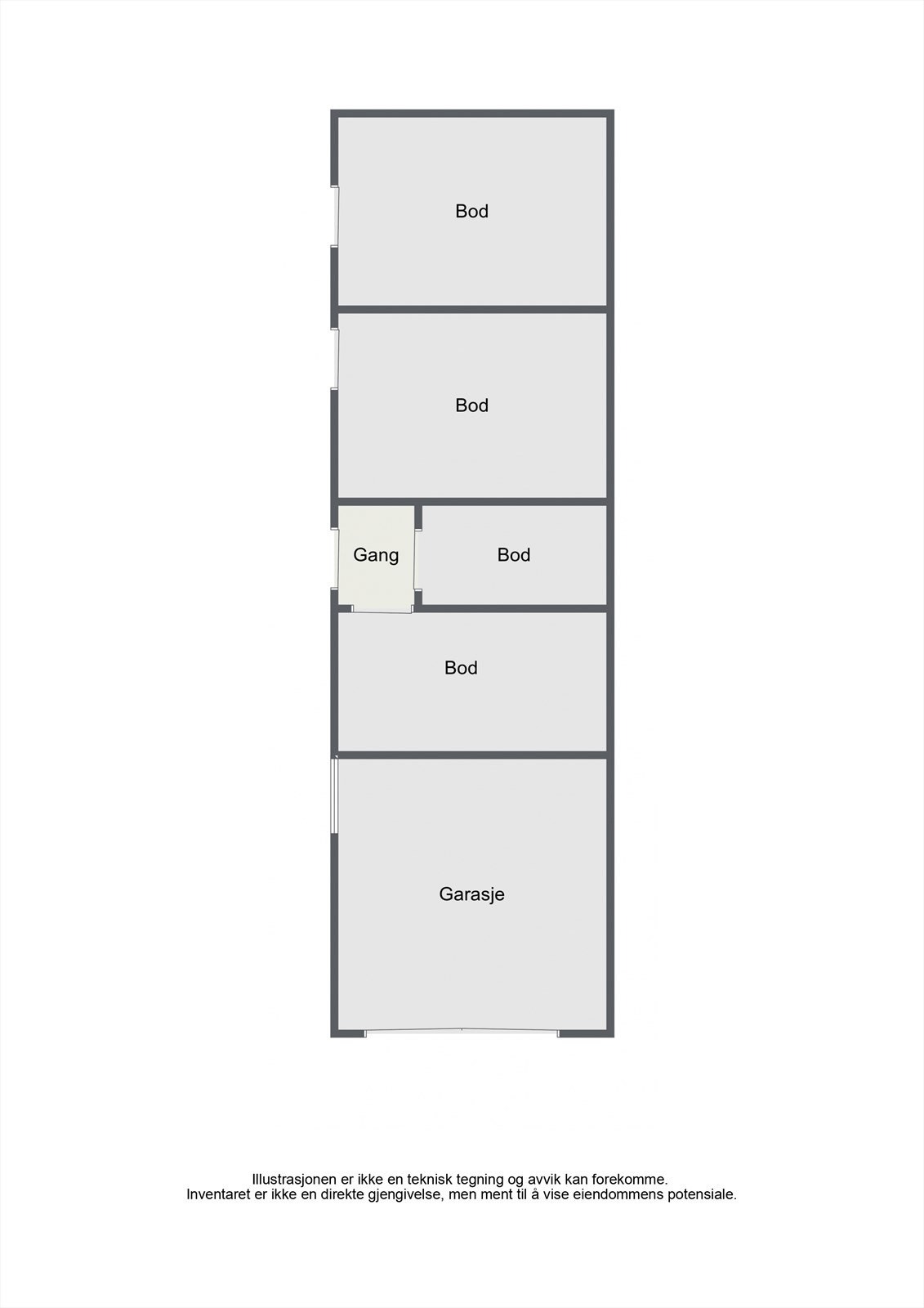 Plantegning av garasjebygget, som er ombygget med flere boder og lagringsplass. Galleribilde