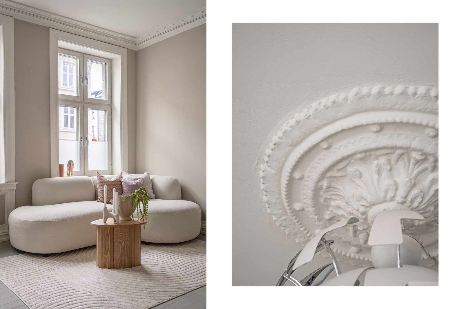 Rosett og stukkatur i taket gir rommet et klassisk preg. Galleribilde