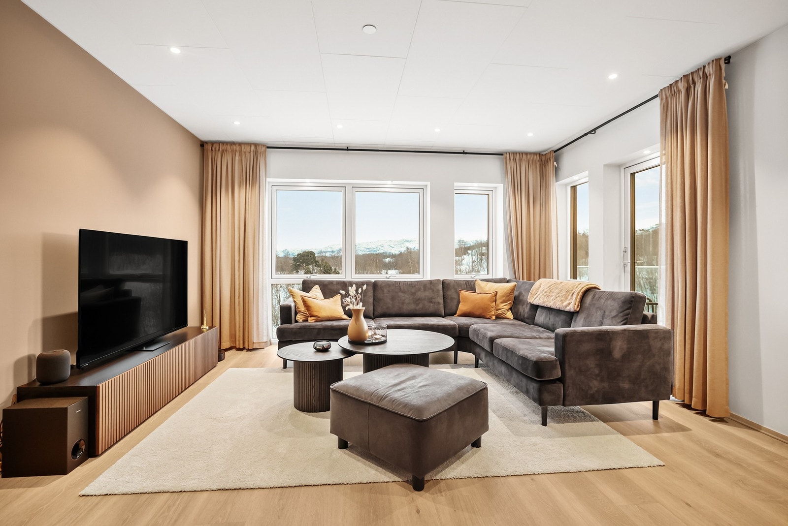 Leiligheten har en gjennomført stue med store vindusflater. Galleribilde