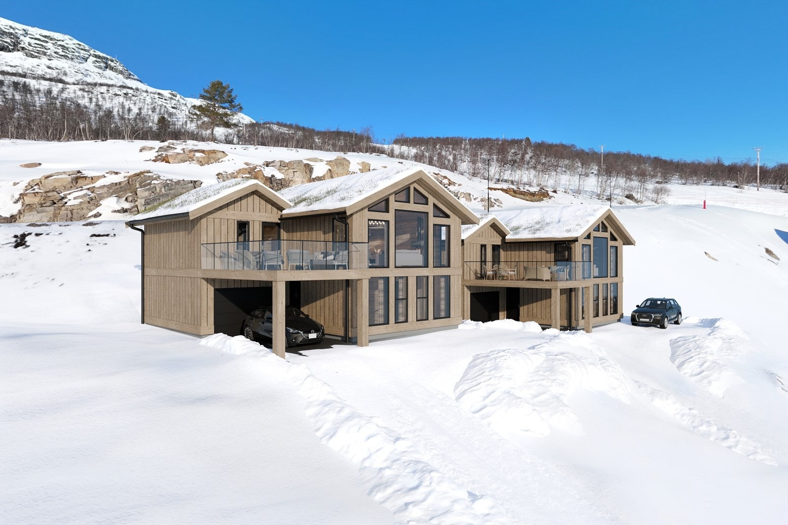 Hytten ligger høyt i terrenget og har vid utsikt over Hovden - ski inn / Ski ut - Solrikt! Hytten er den på venstre side. Galleribilde