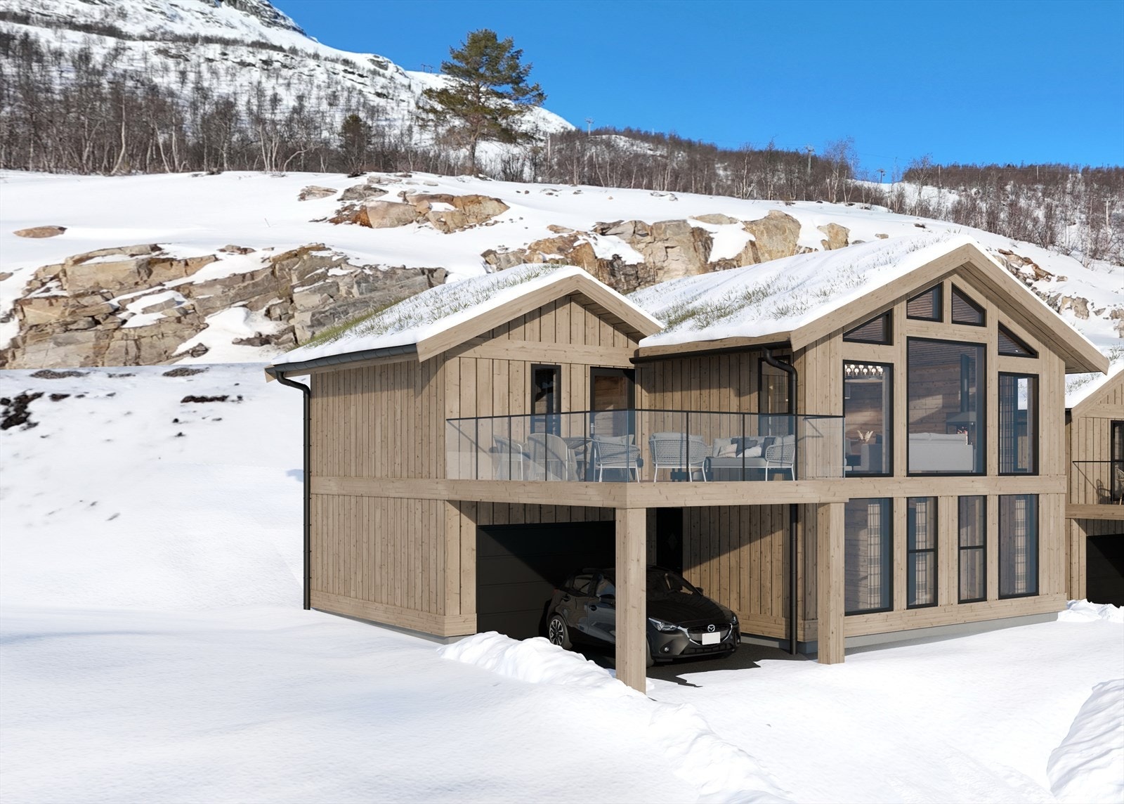 Hytten ligger høyt i terrenget og har vid utsikt over Hovden - ski inn / Ski ut - Solrikt! Hytten ligger på venstre side. Galleribilde