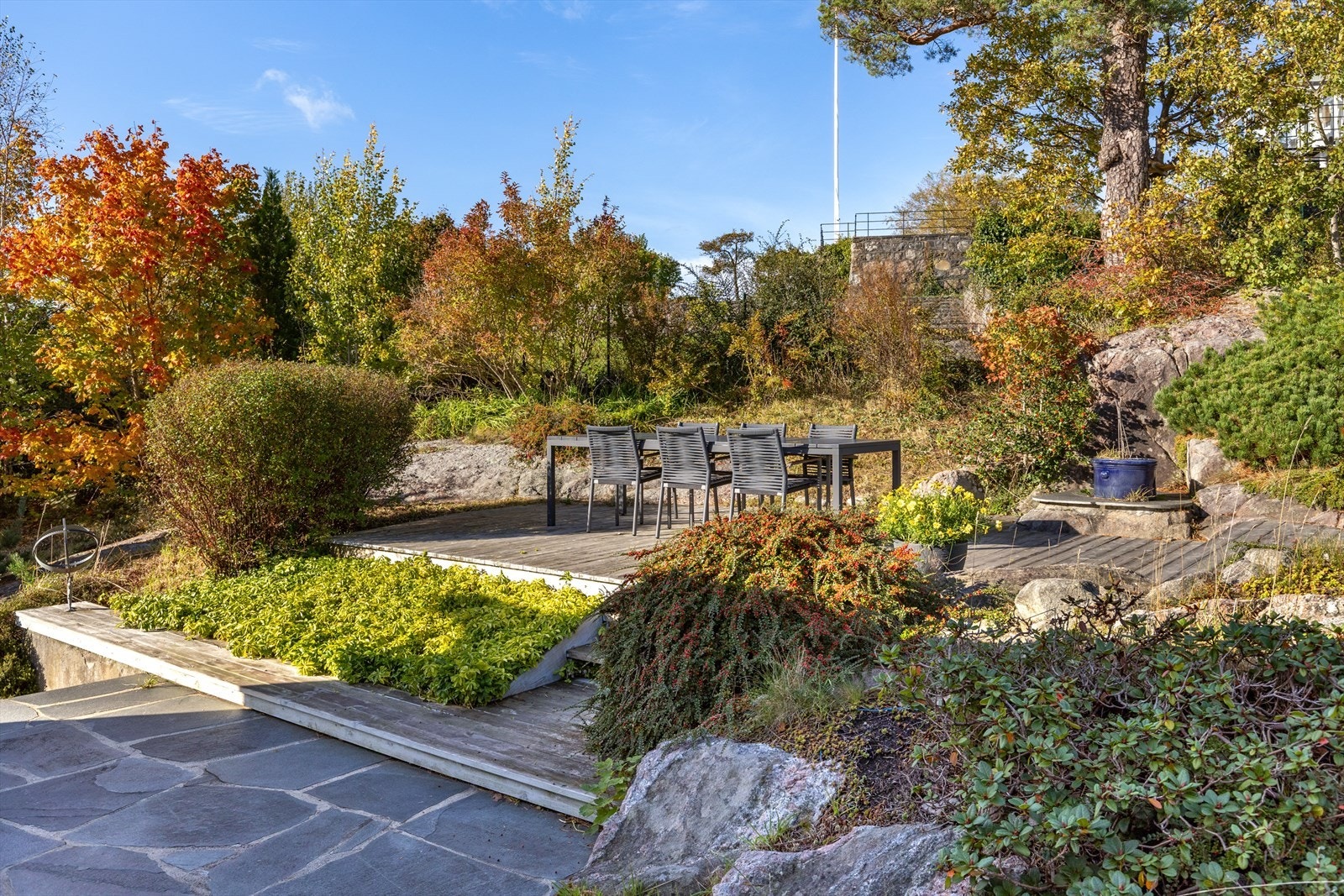 På baksiden er det pent opparbeidet med romslig terrasse og hage. Galleribilde