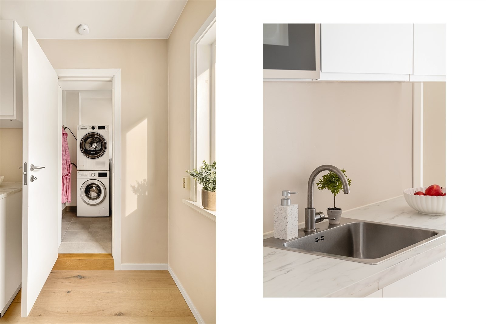 Fra kjøkken er det videre inngang til meget praktisk bod og vaskerom. Det er ikke sluk i bod, men rørgjennomføring mellom bod-bad slik at dersom det oppstår lekkasje vil lekkasjevann ledes til sluk på bad. Areal: 2,3 kvm. Galleribilde