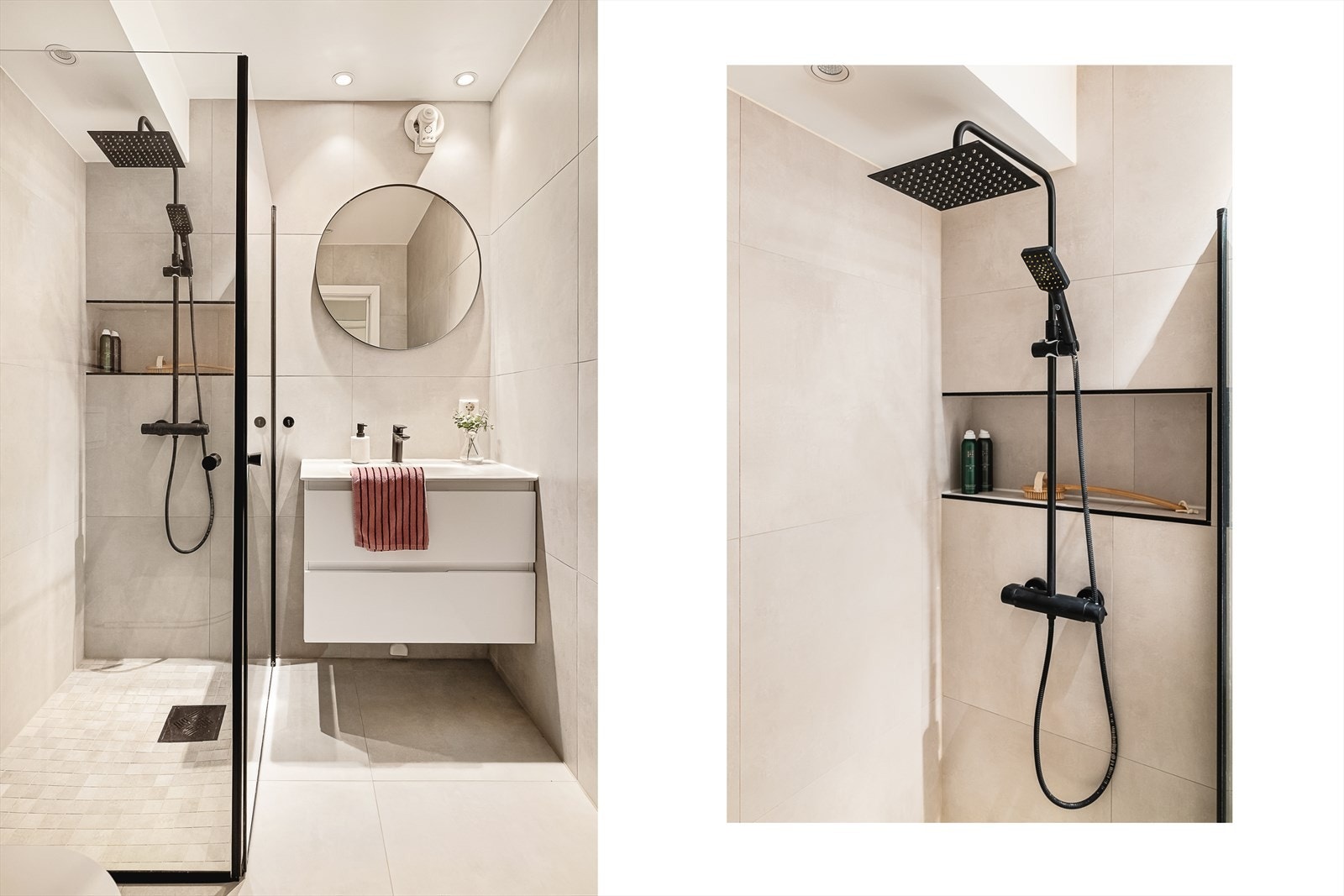 Badet er smart utnyttet og inneholder servant med møblement og speil, vegghengt toalett, innfellbart dusjhjørne i glass, dusjgarnityr samt praktisk innebygd nisje til oppbevaring av toalettsaker. Elektrisk avtrekksvifte og varmekabler i gulv. Galleribilde