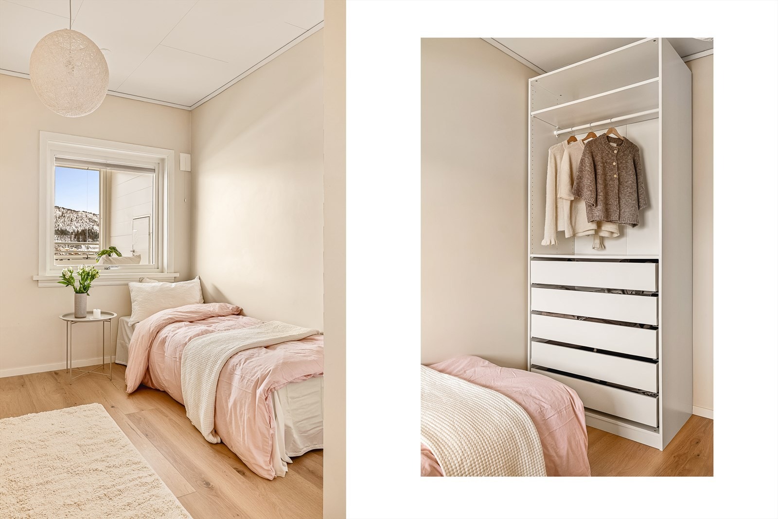 Soverom 2 er vendt mot vest, med flott utsikt mot Løvstakken. Tilhørende garderobeskap fra 2020. Det ble montert Lunos balansert ventilasjonsanlegg/vifte på begge soverom i 2017. Galleribilde